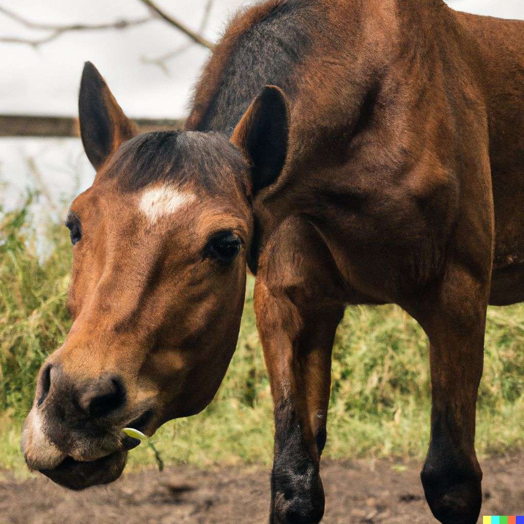 a horse, photograph, taken from a low angle